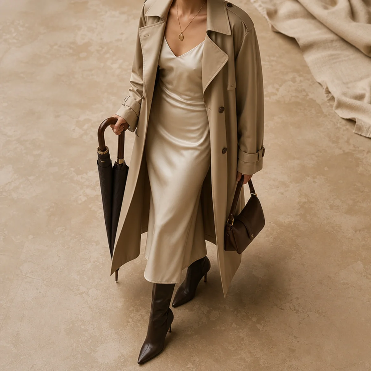 Faceless full-length shot of a trench over a slip dress with heeled boots for a rainy date