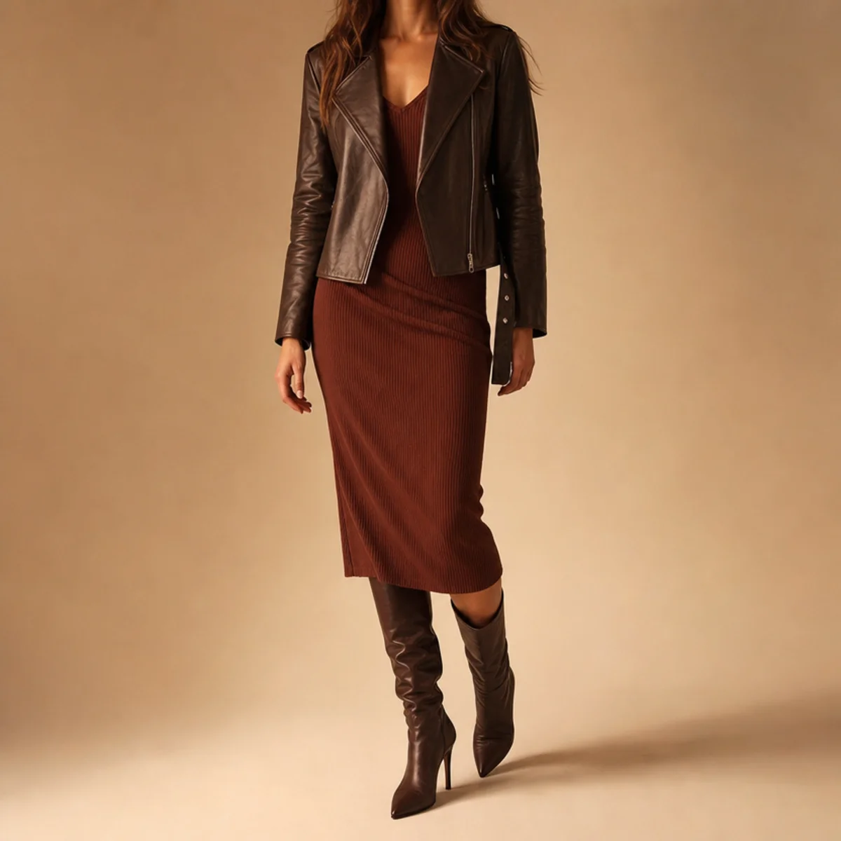 Faceless waist-up shot of a fitted leather jacket over a dress with heeled boots for a rainy date