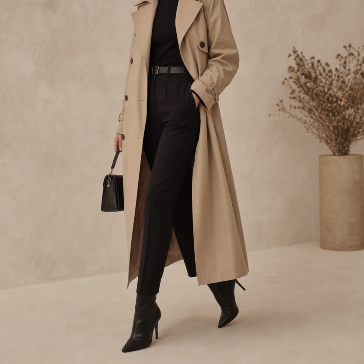 Faceless full-length shot of a beige trench over an all-black going-out outfit with heeled boots for a date