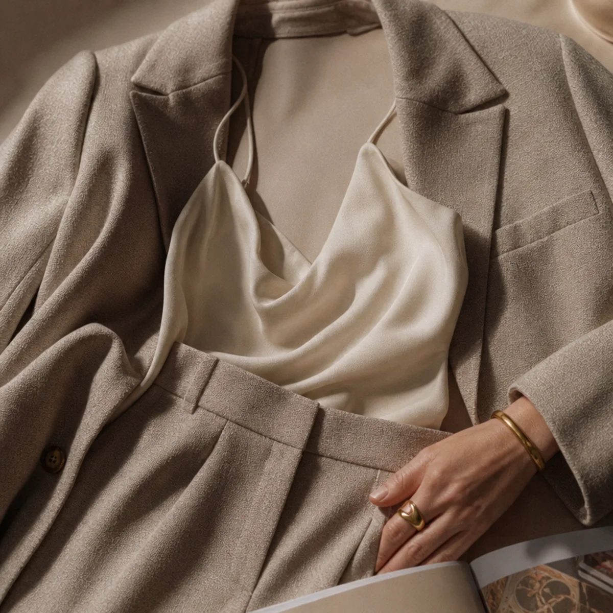 Faceless waist-up shot of a blazer over a silky cami with trousers and heeled boots for a rainy date