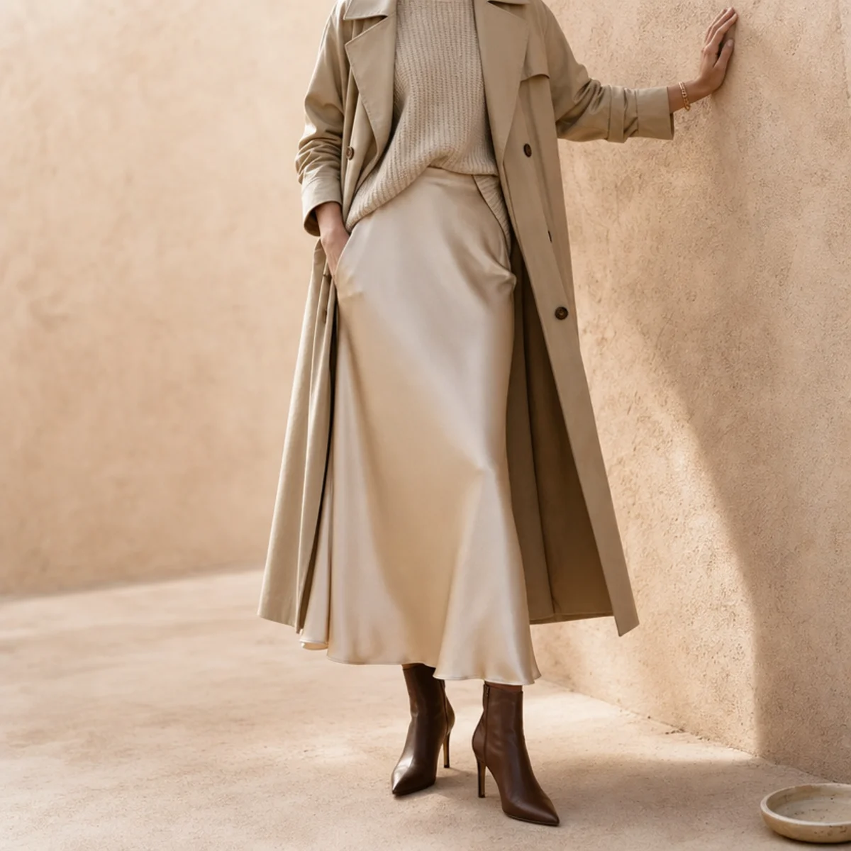 Faceless full-length shot of a satin midi skirt with a knit under a trench and heeled boots for a date