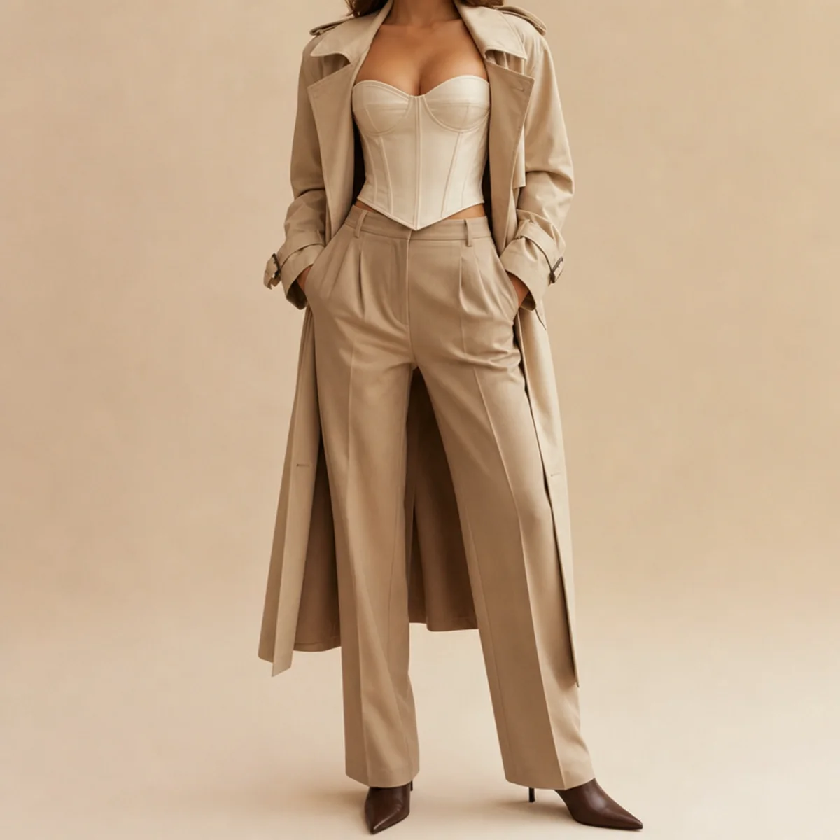 Faceless waist-up shot of a corset top with trousers under a trench with heeled boots for a date