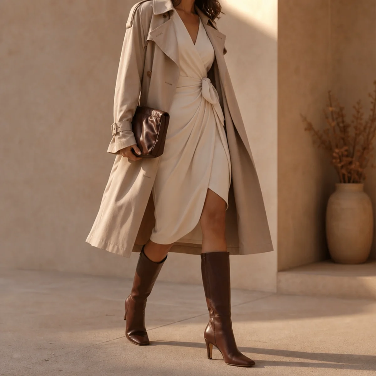 Faceless full-length shot of a wrap dress under a trench with heeled boots for a rainy date