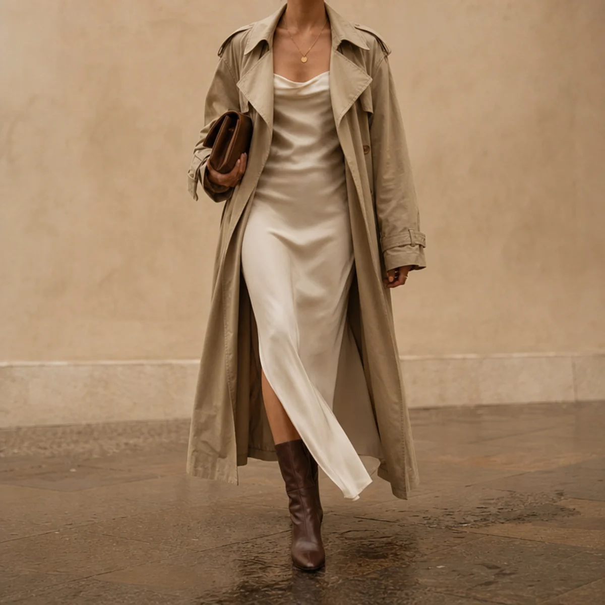 Faceless full-length editorial shot of a trench over a slip dress with heeled boots for a rainy date