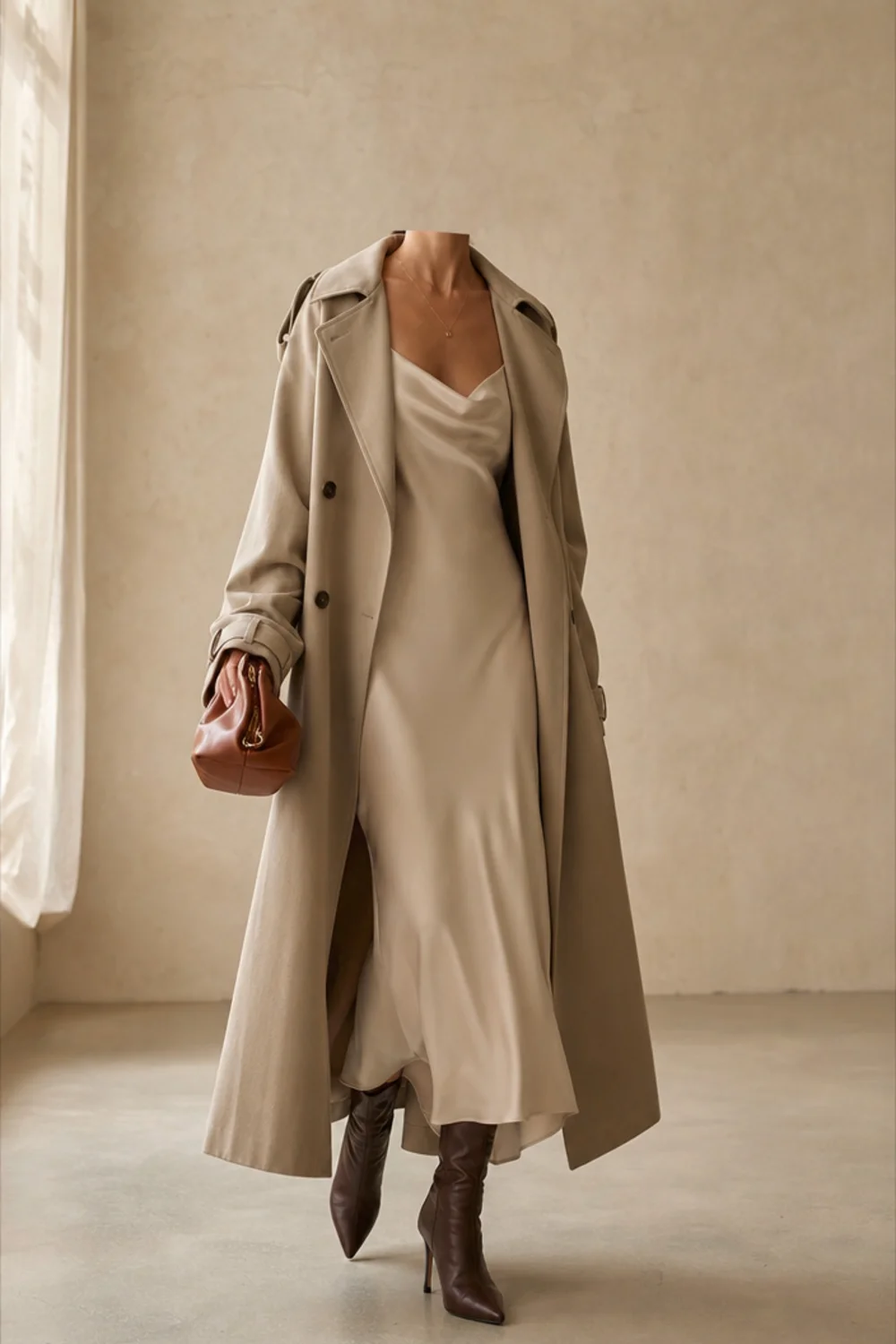 Faceless rainy day date outfit with a trench, slip dress and heeled boots