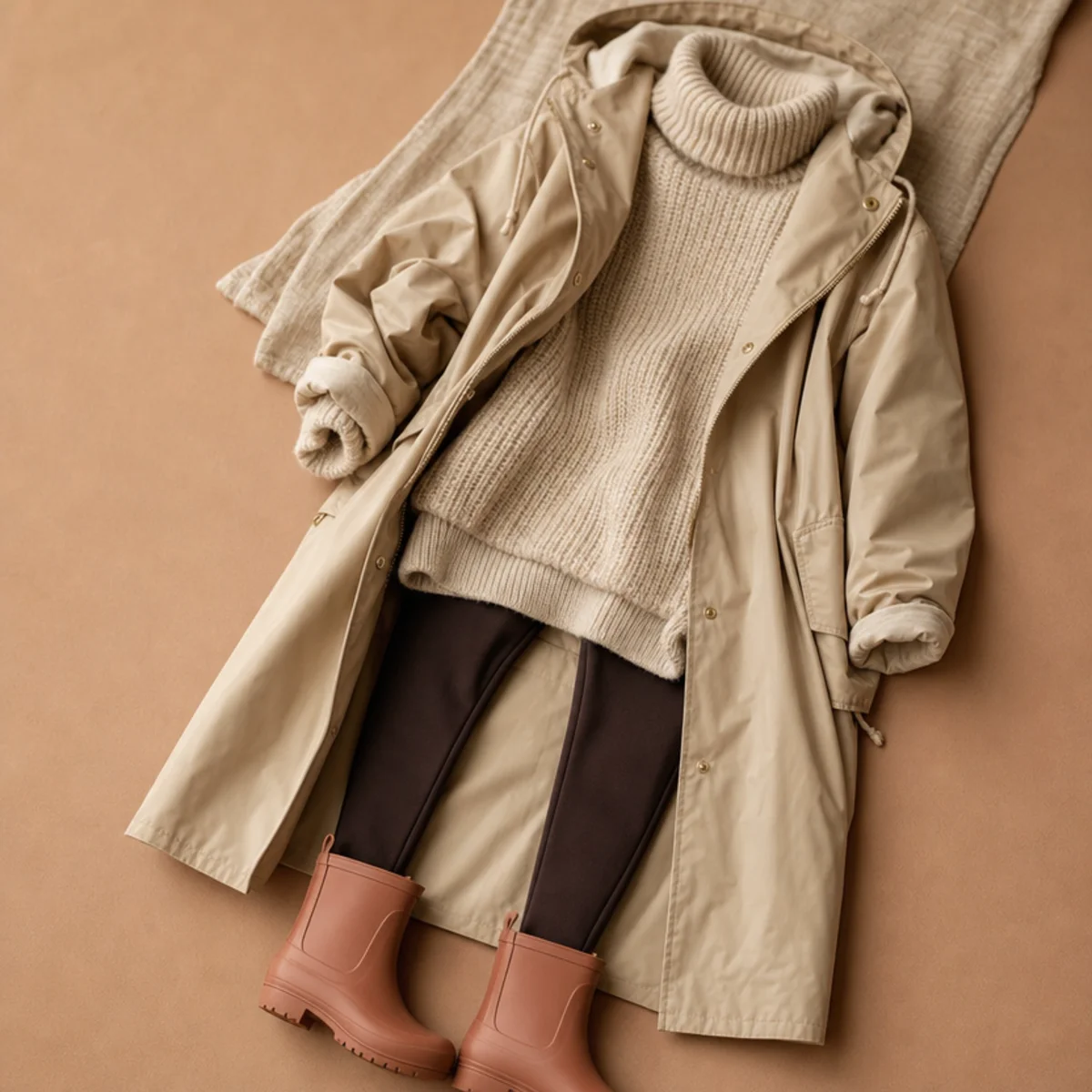 Faceless full-length shot of leggings with an oversized knit, raincoat and short rain boots