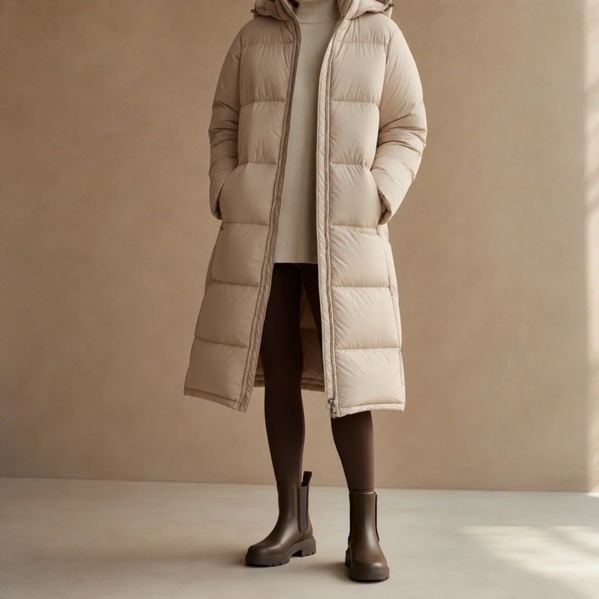 Faceless full-length shot of a longline puffer over leggings with short rain boots