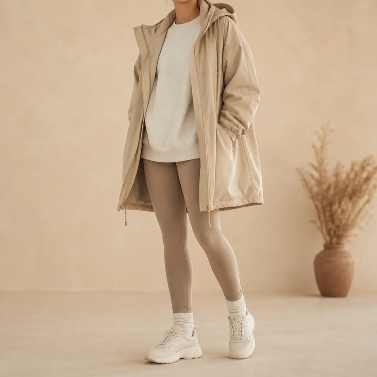 Faceless full-length shot of an oversized sweatshirt and leggings under a hooded anorak
