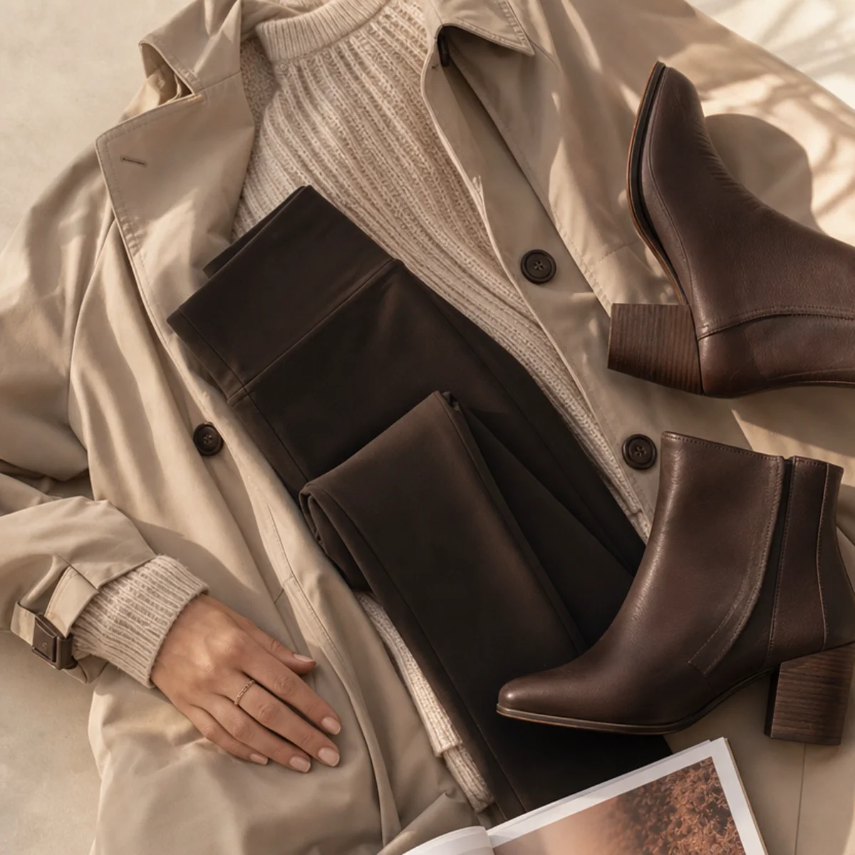 Faceless full-length shot of a trench over a knit and leggings with ankle boots