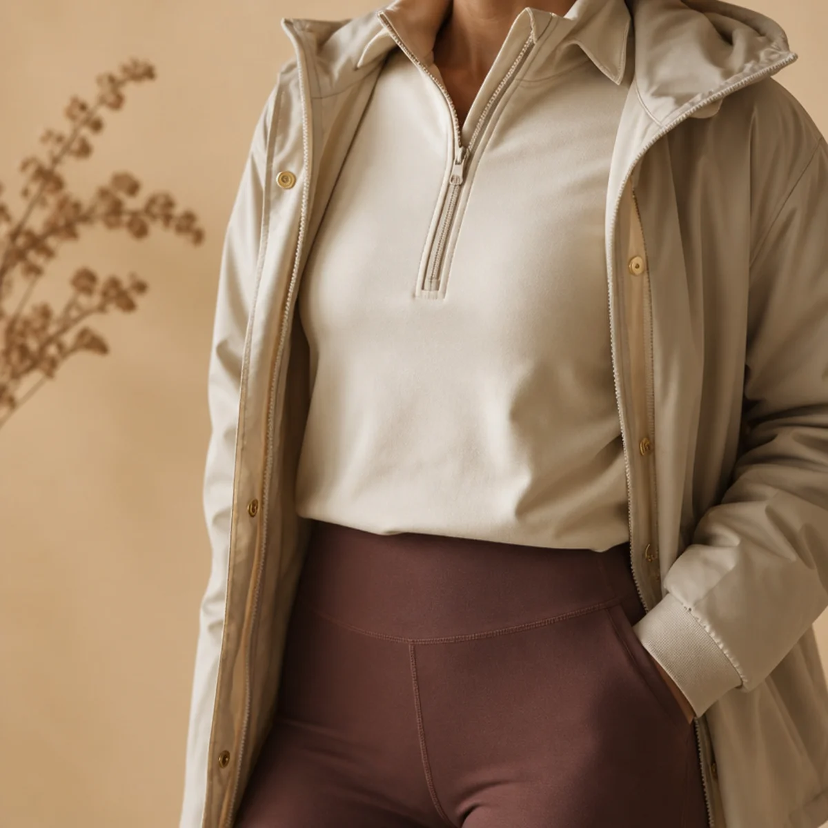 Faceless waist-up shot of a quarter-zip pullover and leggings under a rain jacket
