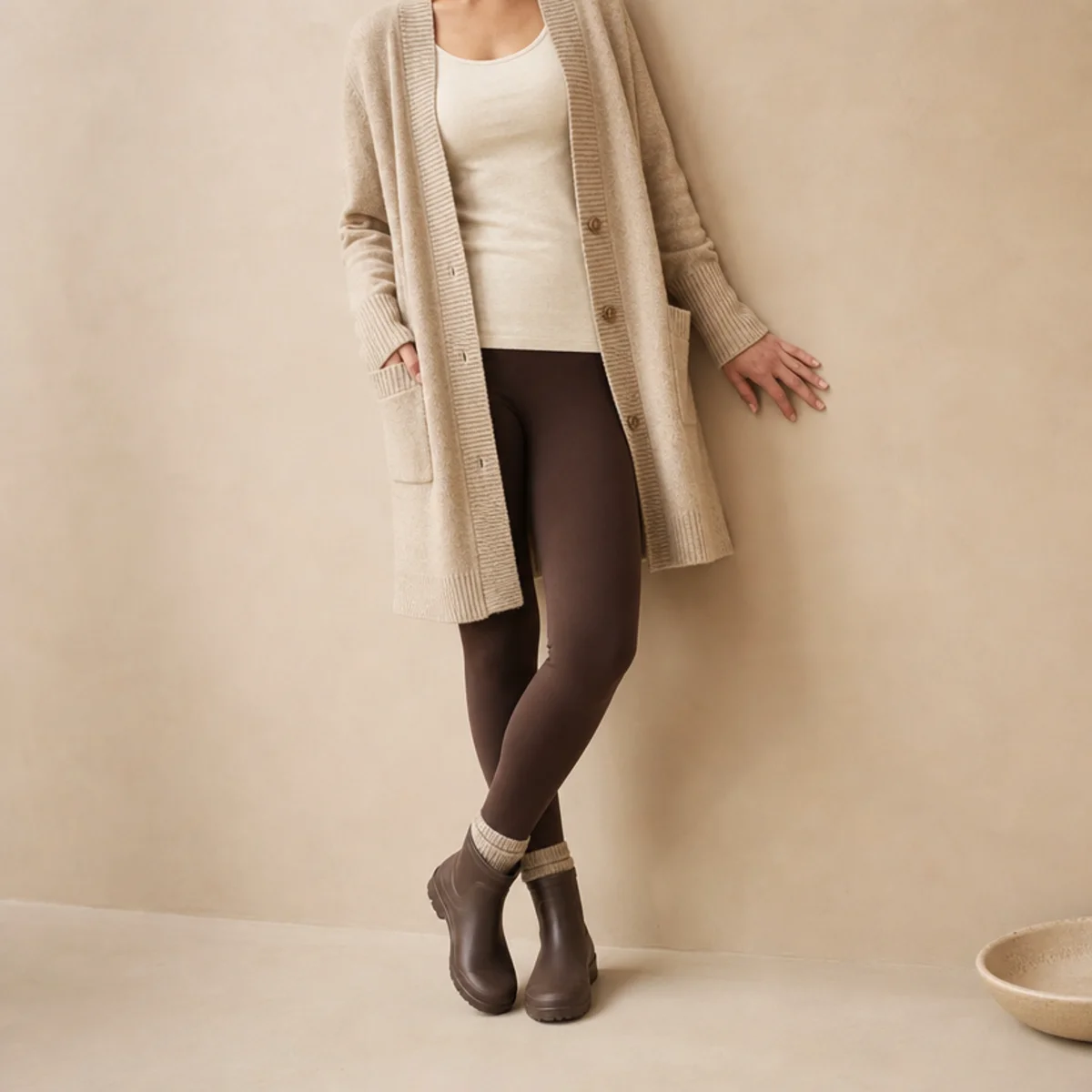 Faceless full-length shot of a long cardigan over a tank and leggings with short rain boots