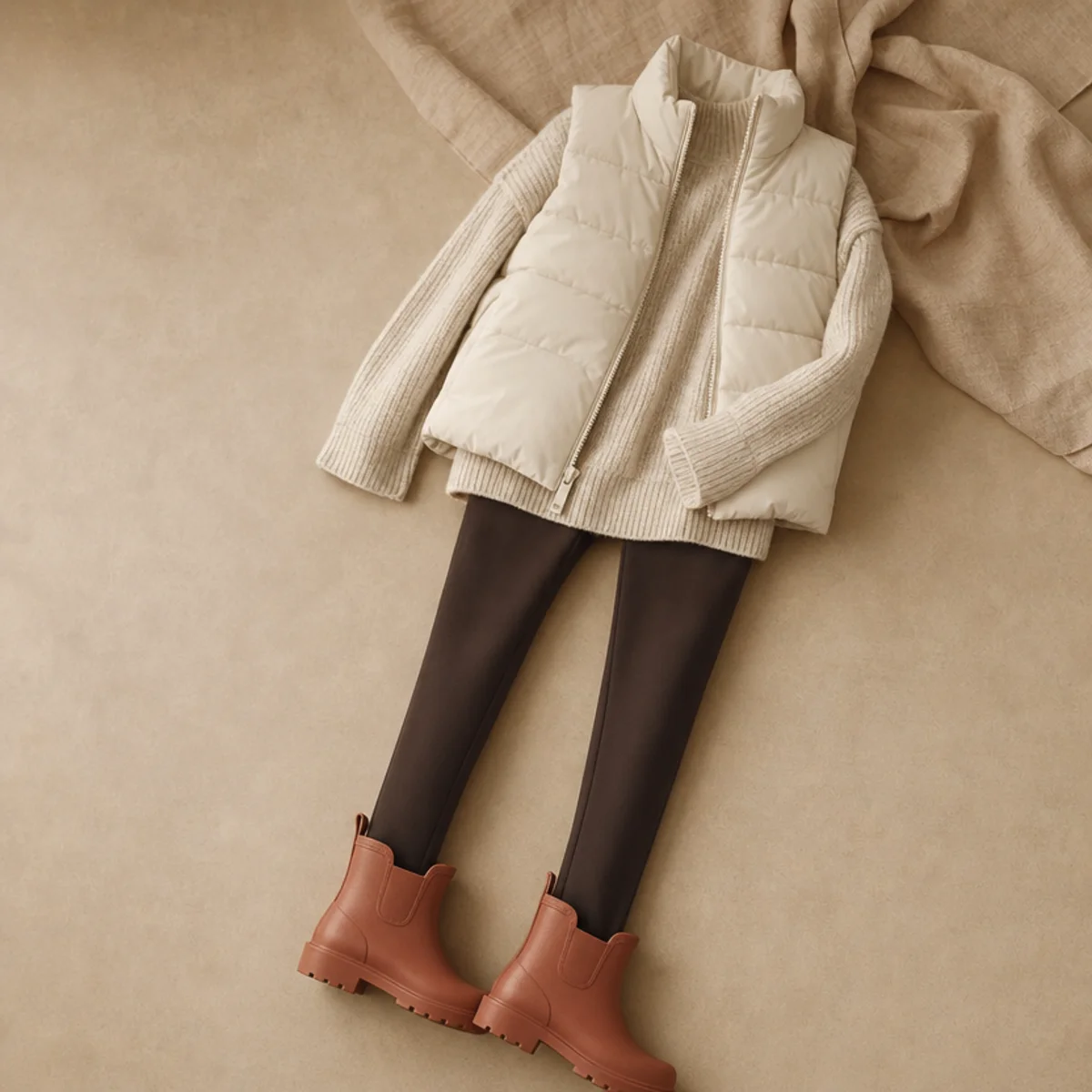 Faceless full-length shot of a puffer vest over a knit with leggings and short rain boots