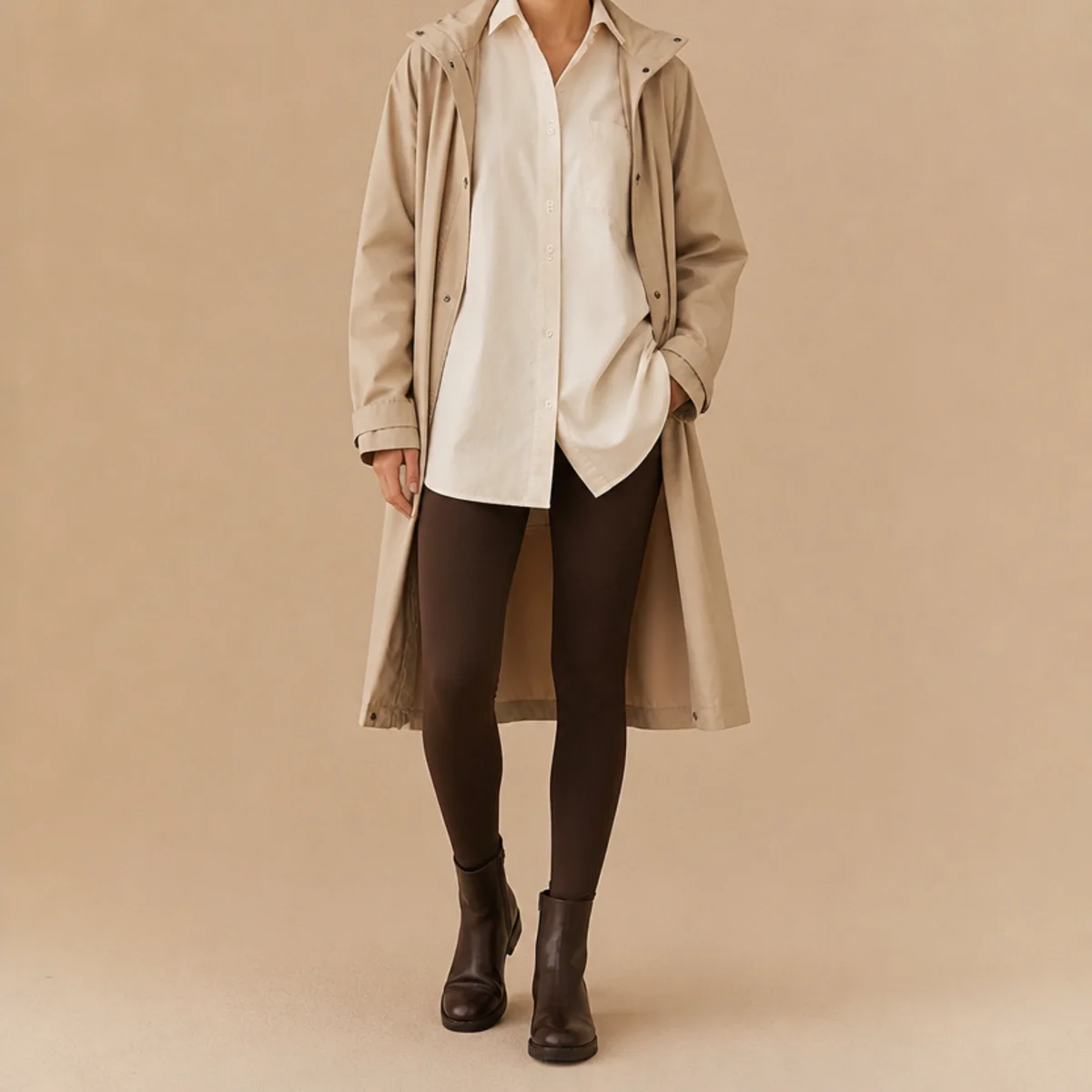 Faceless full-length shot of an oversized shirt over leggings with a raincoat and ankle boots