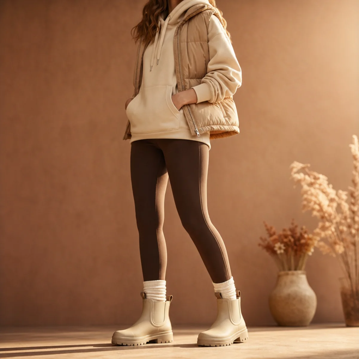 Faceless full-length shot of a hoodie and puffer vest over leggings with short rain boots