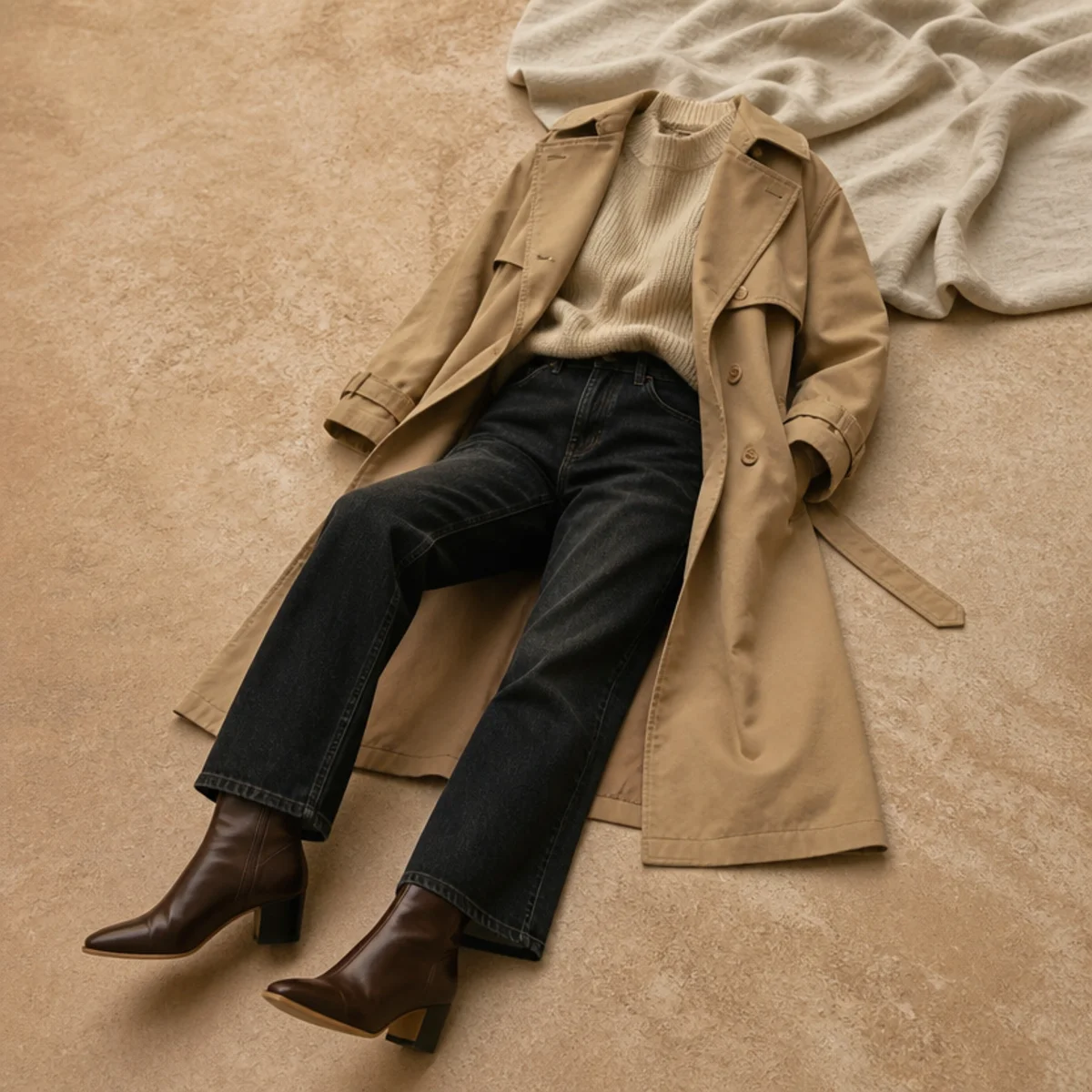 Faceless full-length shot of dark straight jeans with a knit, trench and ankle boots