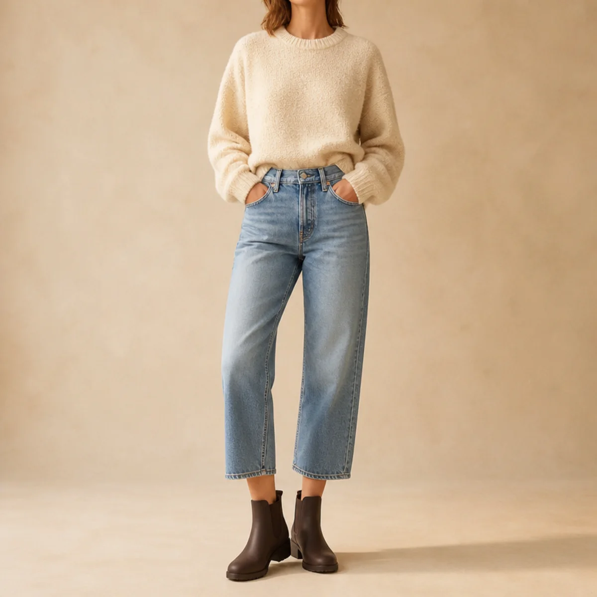 Faceless full-length shot of cropped jeans with a knit and short rain boots