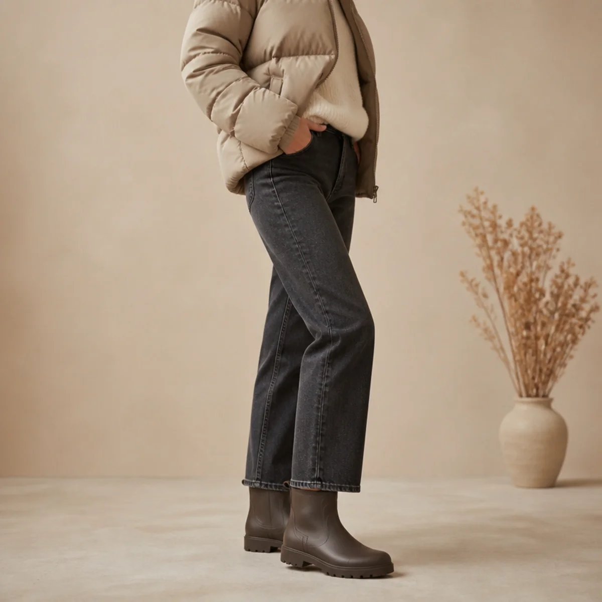Faceless full-length shot of dark jeans with a puffer jacket and short rain boots