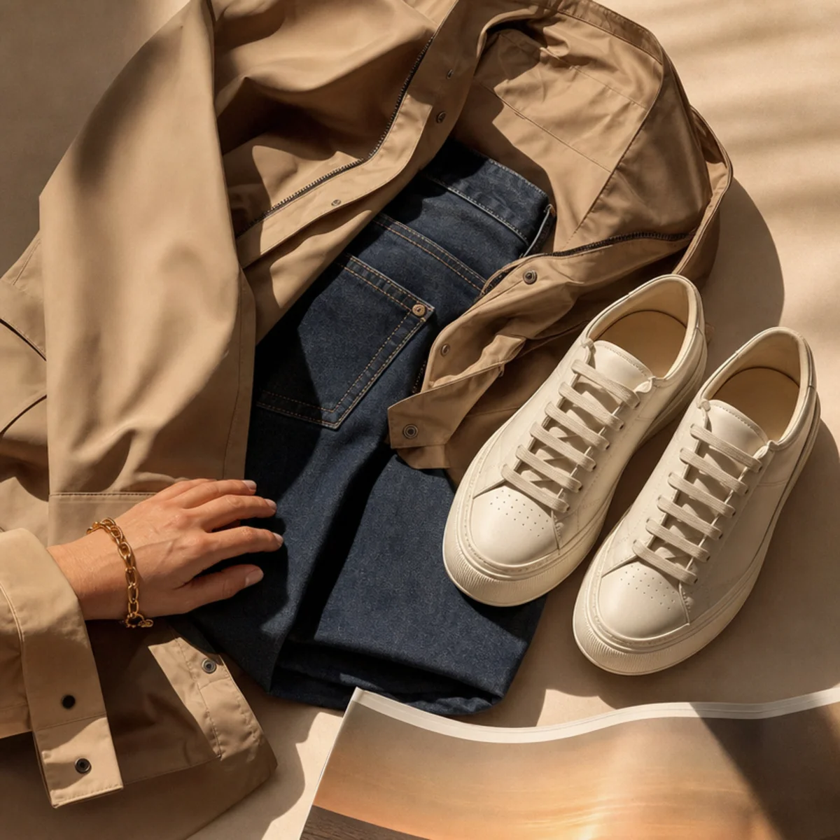 Faceless full-length shot of dark jeans with a raincoat and treated white sneakers