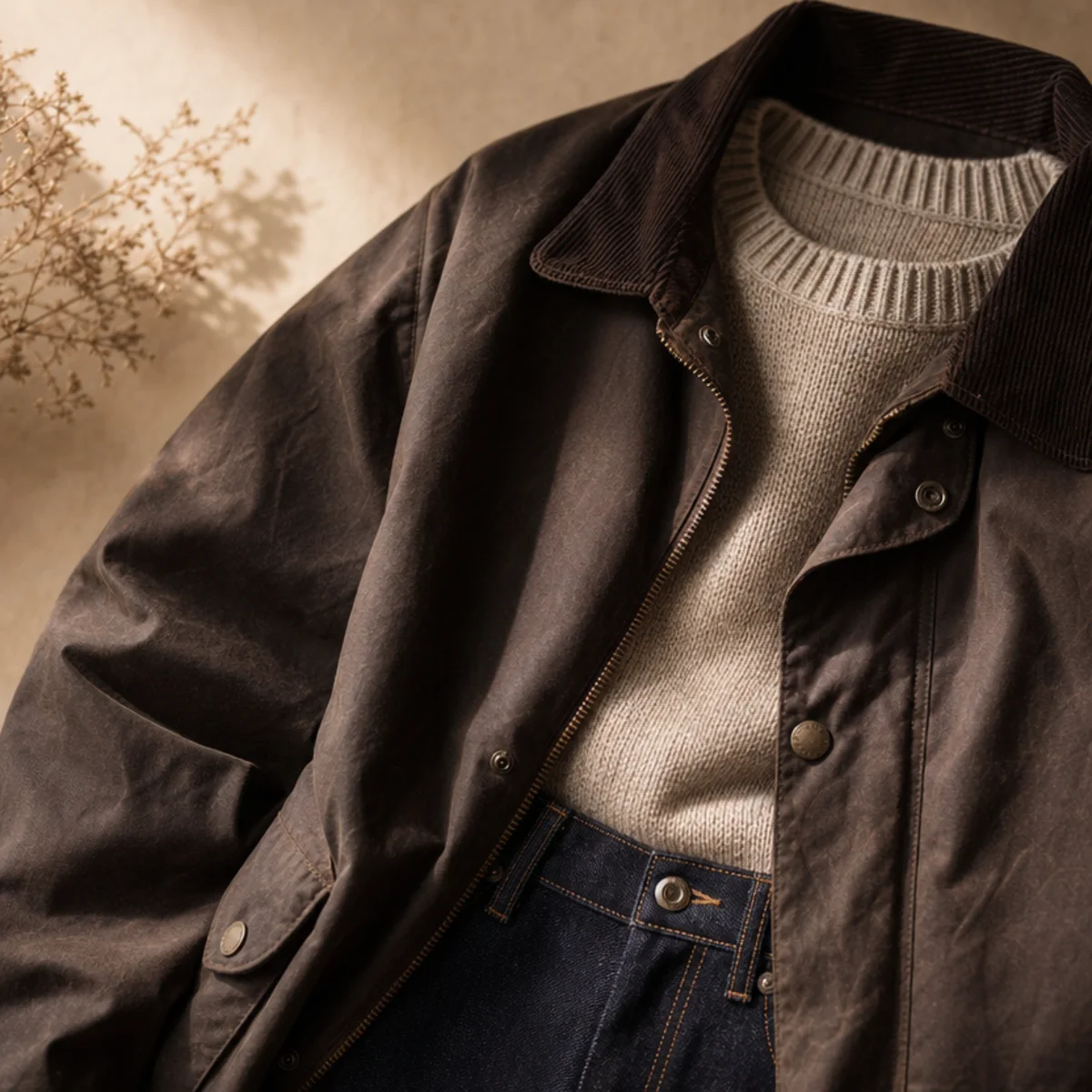 Faceless waist-up shot of dark jeans with a knit and a waxed jacket
