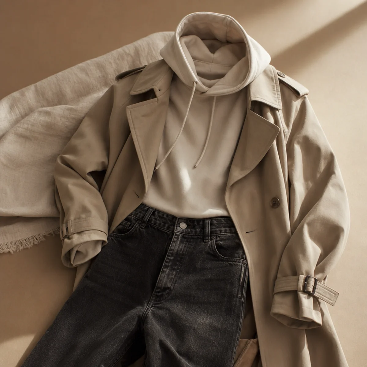 Faceless waist-up shot of dark jeans with a hoodie layered under a trench