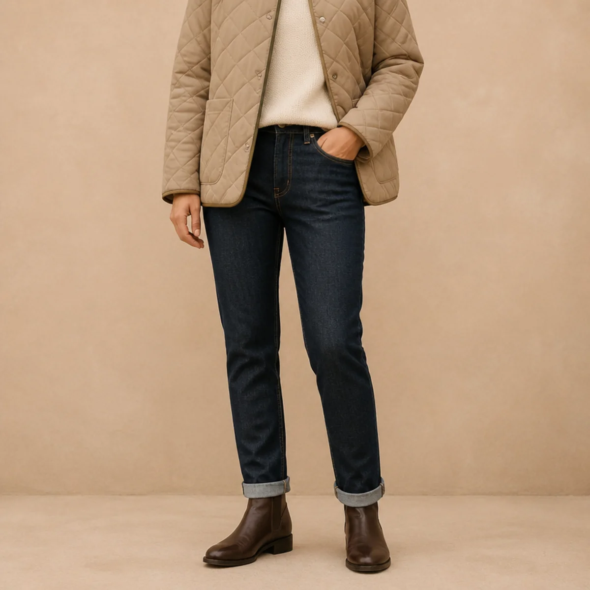 Faceless waist-up shot of dark jeans with a quilted jacket and ankle boots