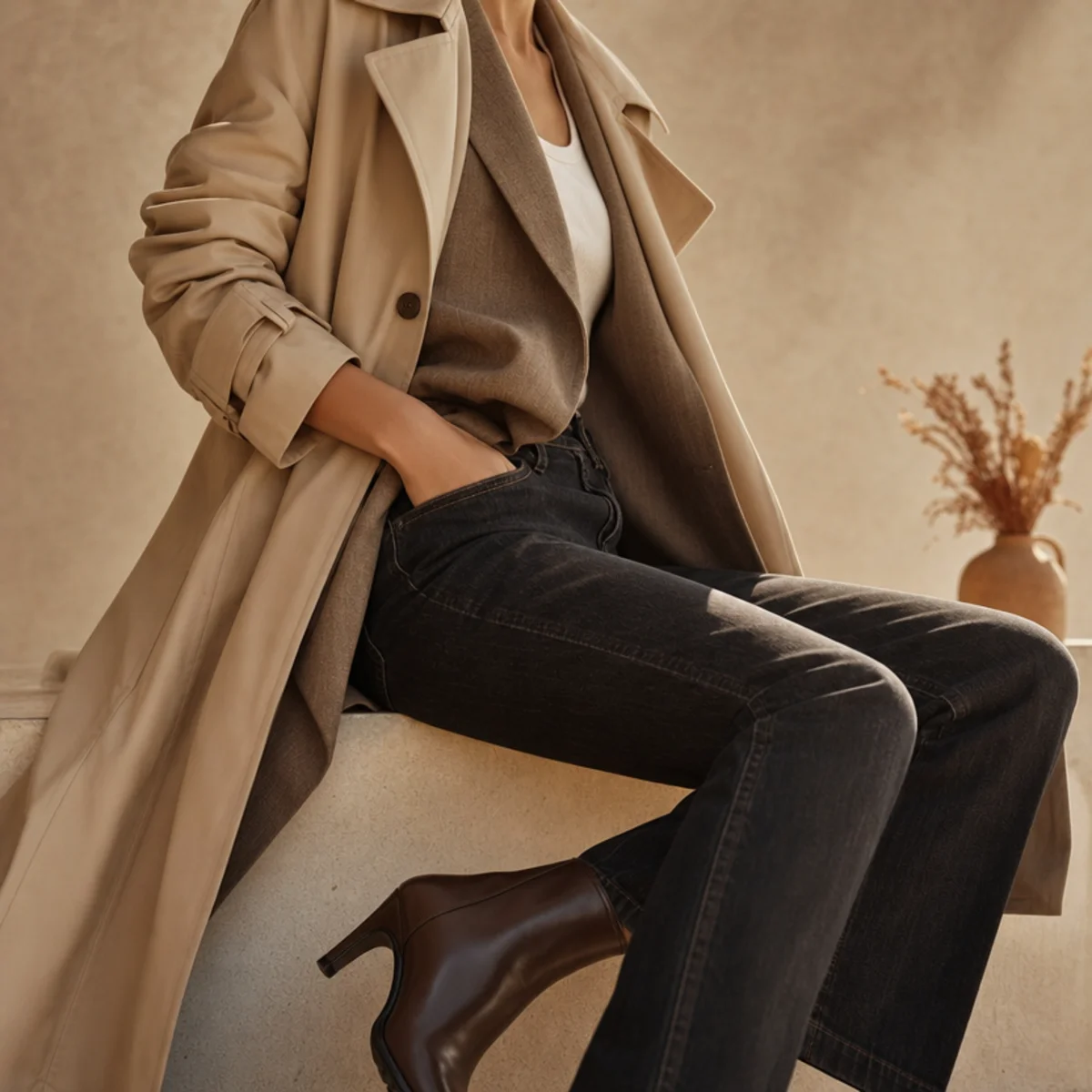 Faceless waist-up shot of dark jeans with a blazer under a trench and ankle boots