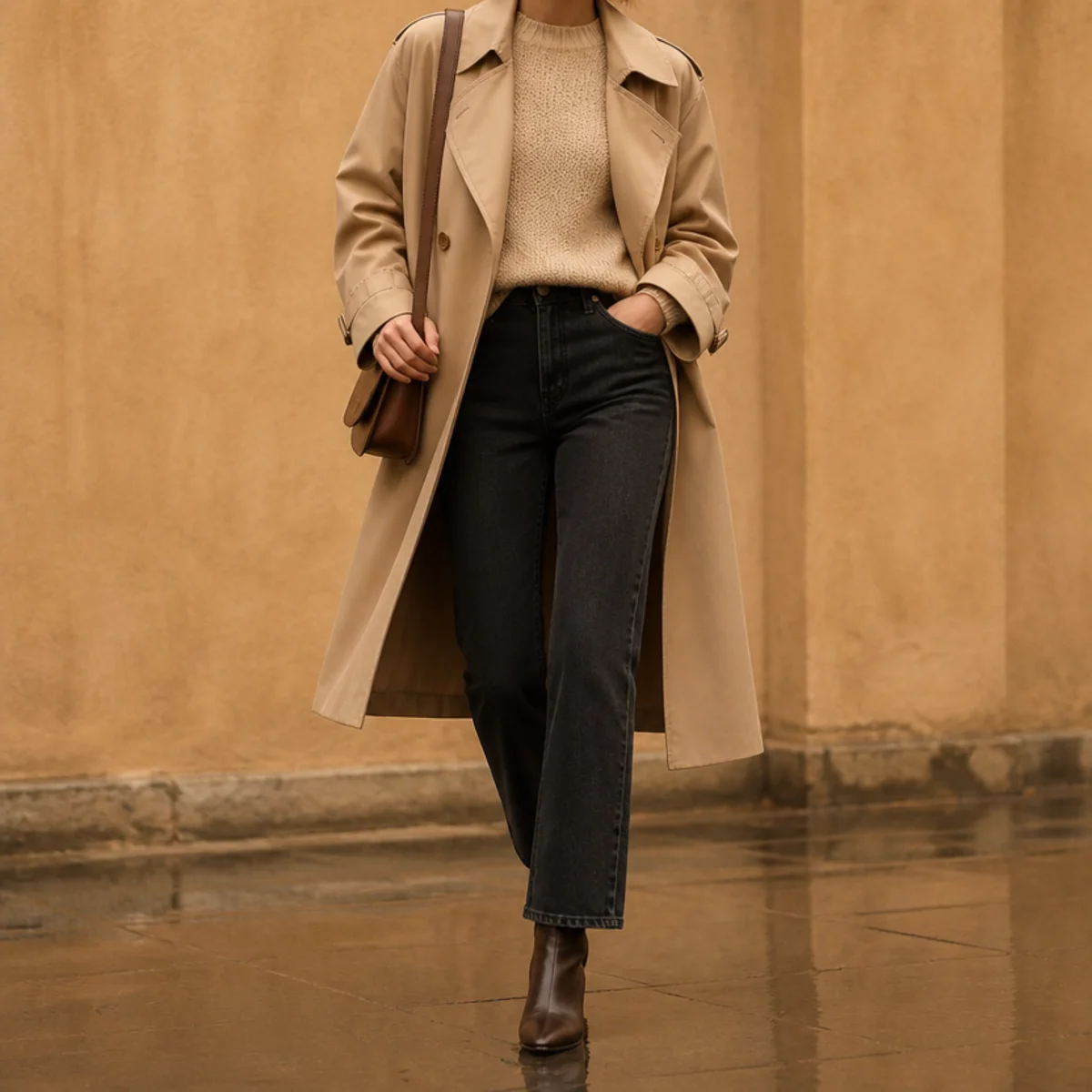Faceless full-length editorial shot of dark straight jeans with a knit, trench and ankle boots in the rain