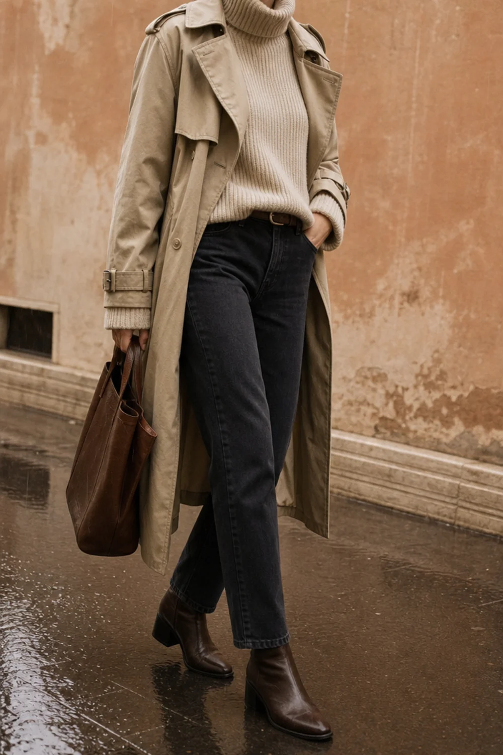 Faceless rainy day outfit with dark jeans, a trench and ankle boots