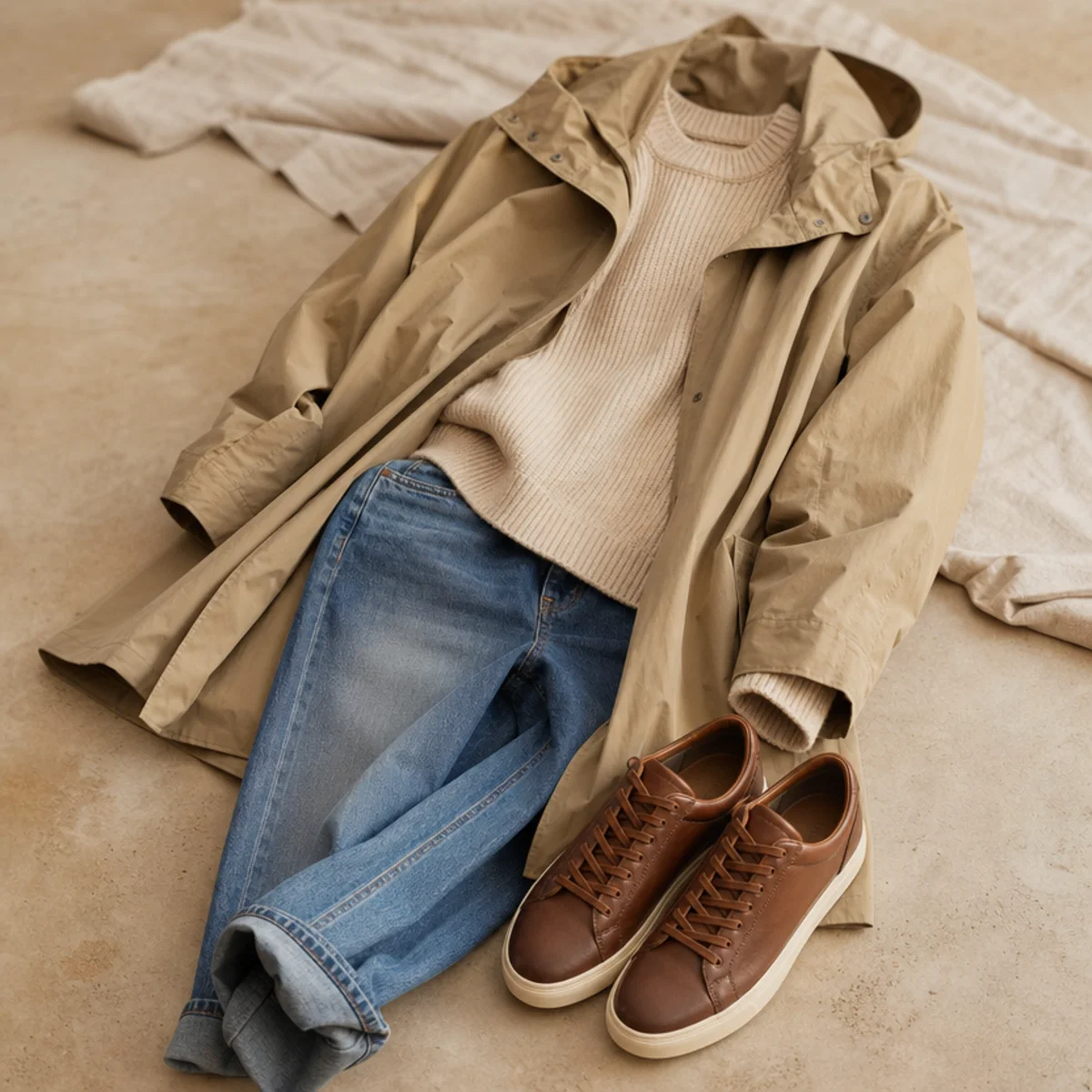 Faceless full-length shot of treated leather sneakers with jeans, a knit and a raincoat