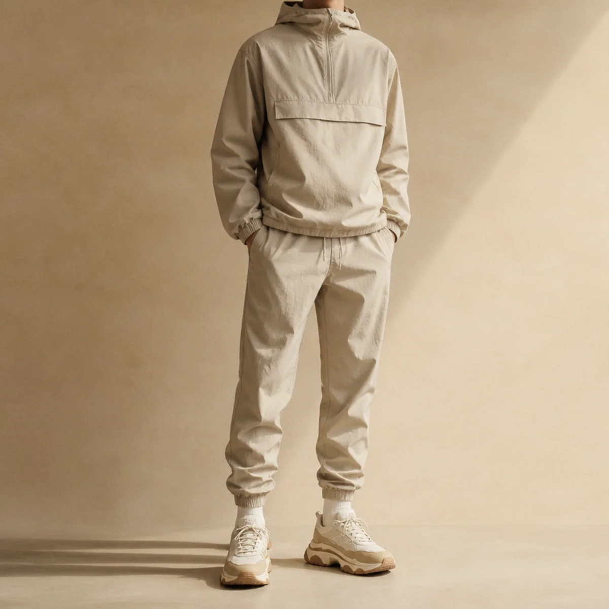 Faceless full-length shot of chunky sneakers with joggers and a hooded anorak