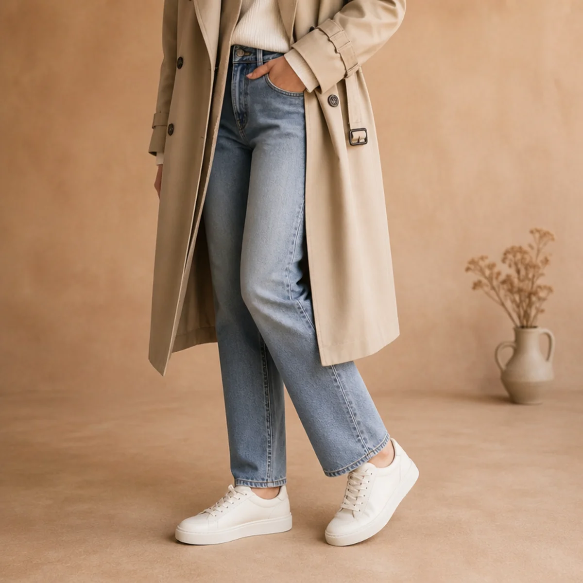 Faceless full-length shot of clean white sneakers with jeans and a trench coat