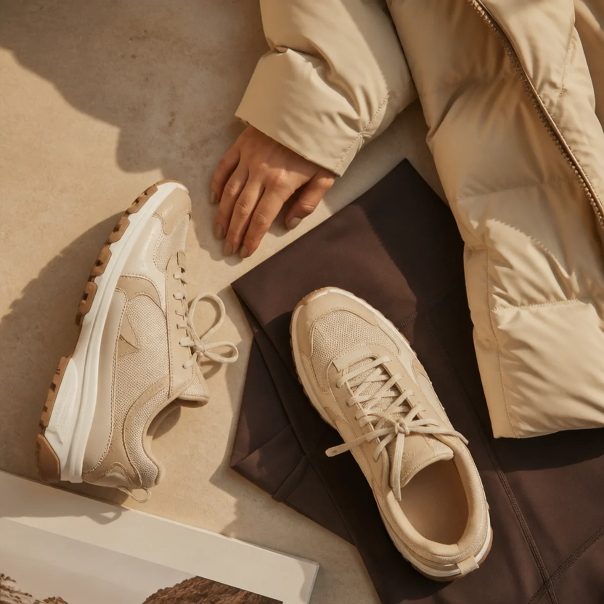 Faceless full-length shot of water-resistant sneakers with leggings and a puffer