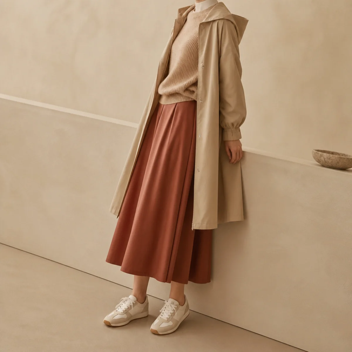 Faceless full-length shot of sneakers with a midi skirt, knit and raincoat
