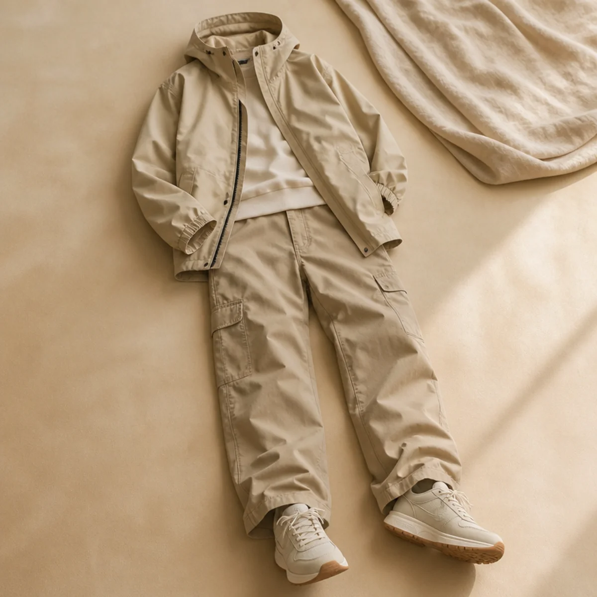 Faceless full-length shot of sneakers with cargo trousers and a rain jacket