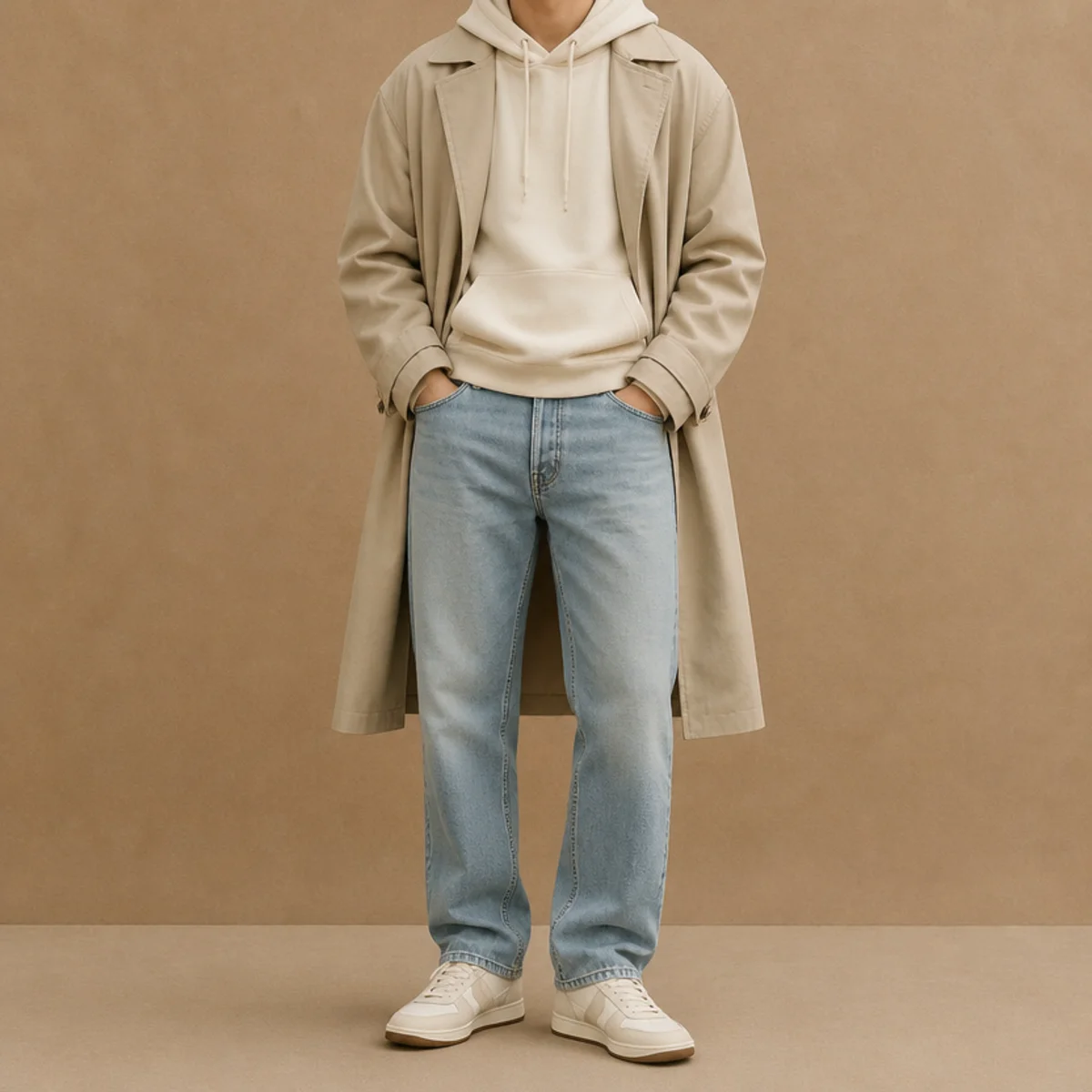 Faceless waist-up shot of a hoodie layered under a trench with jeans and sneakers