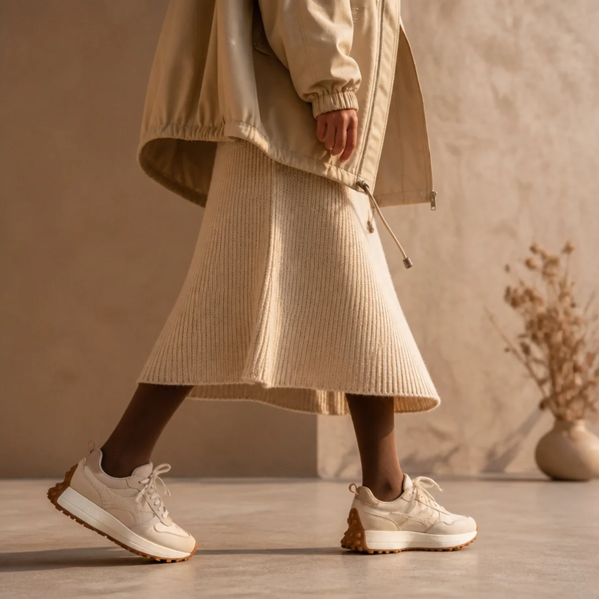 Faceless full-length shot of sneakers with a knit dress, tights and a hooded anorak