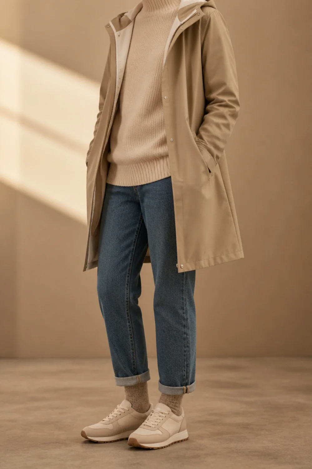 Faceless rainy day outfit with sneakers, jeans and a raincoat