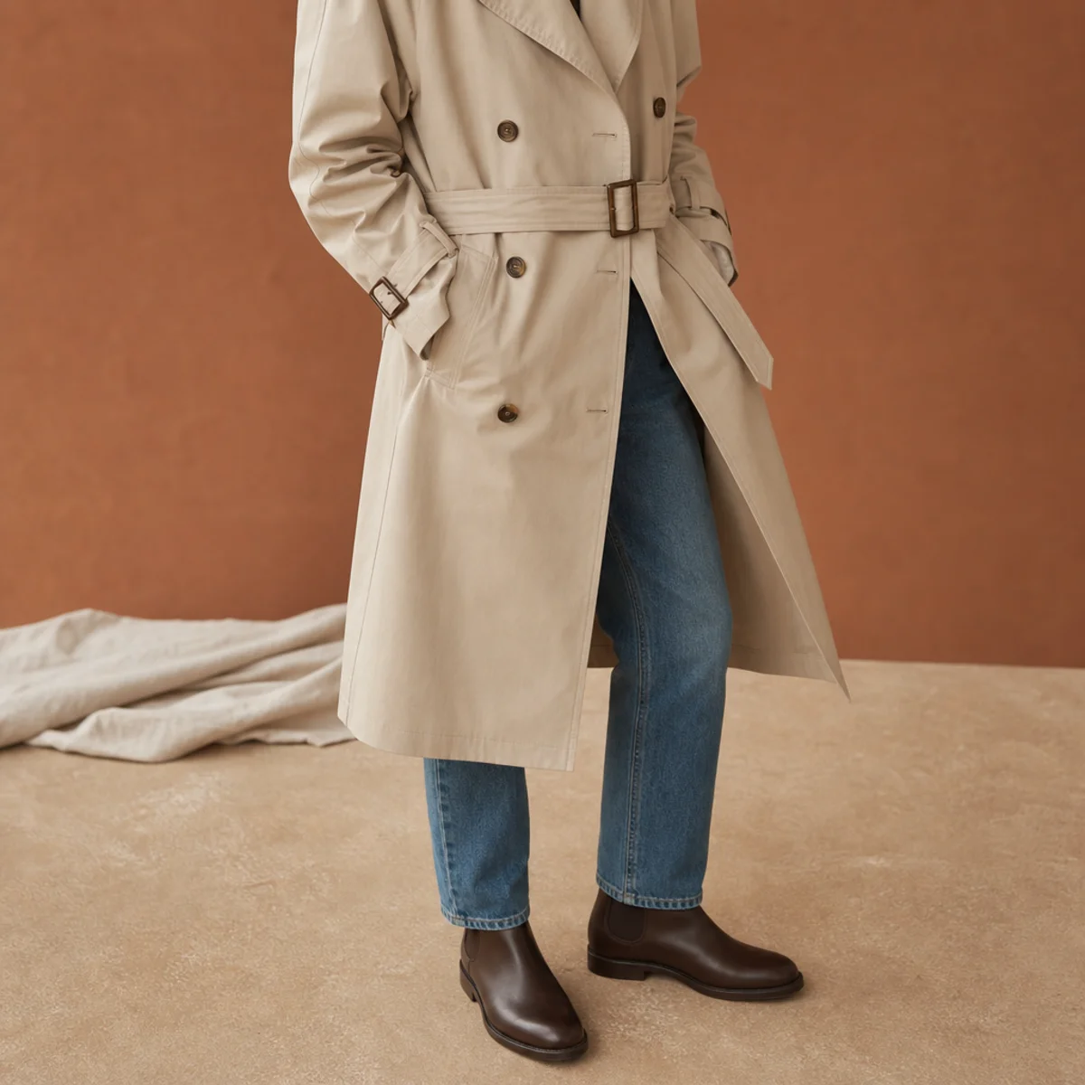 Faceless full-length shot of a belted trench coat over straight jeans with chelsea boots