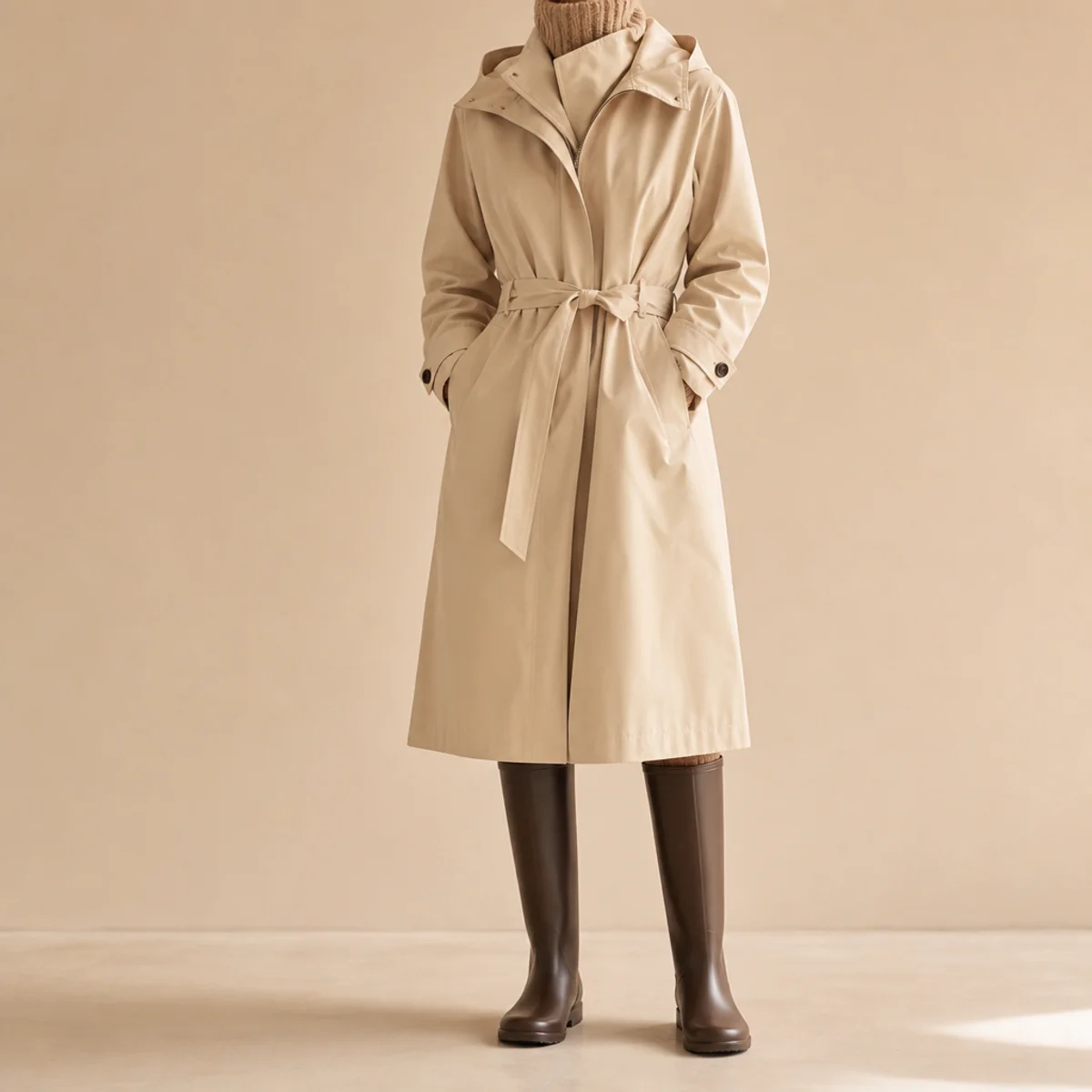 Faceless full-length shot of a belted raincoat over a knit with tall rain boots