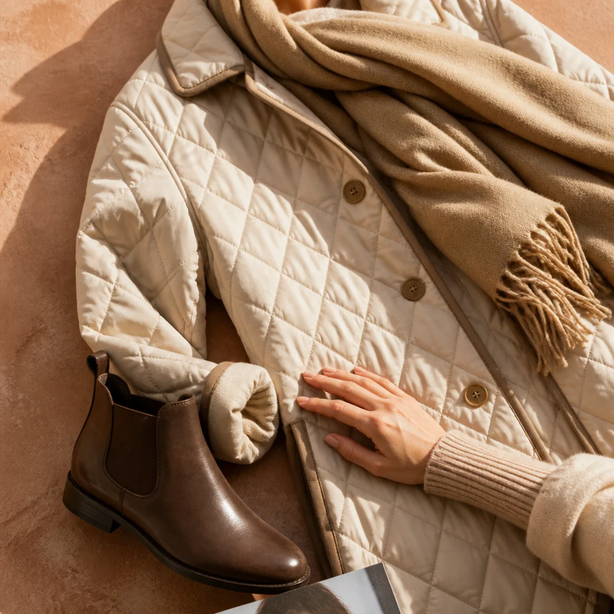 Faceless full-length shot of a long quilted coat with a scarf and ankle boots in the rain