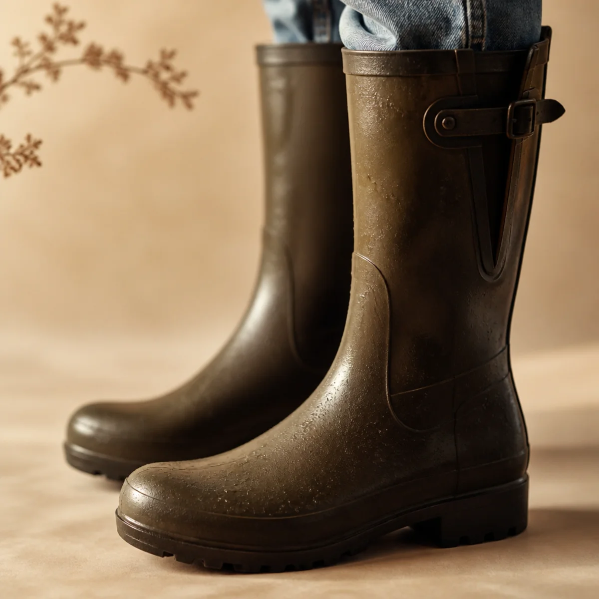 Faceless full-length shot of a waxed jacket over jeans with tall wellington boots
