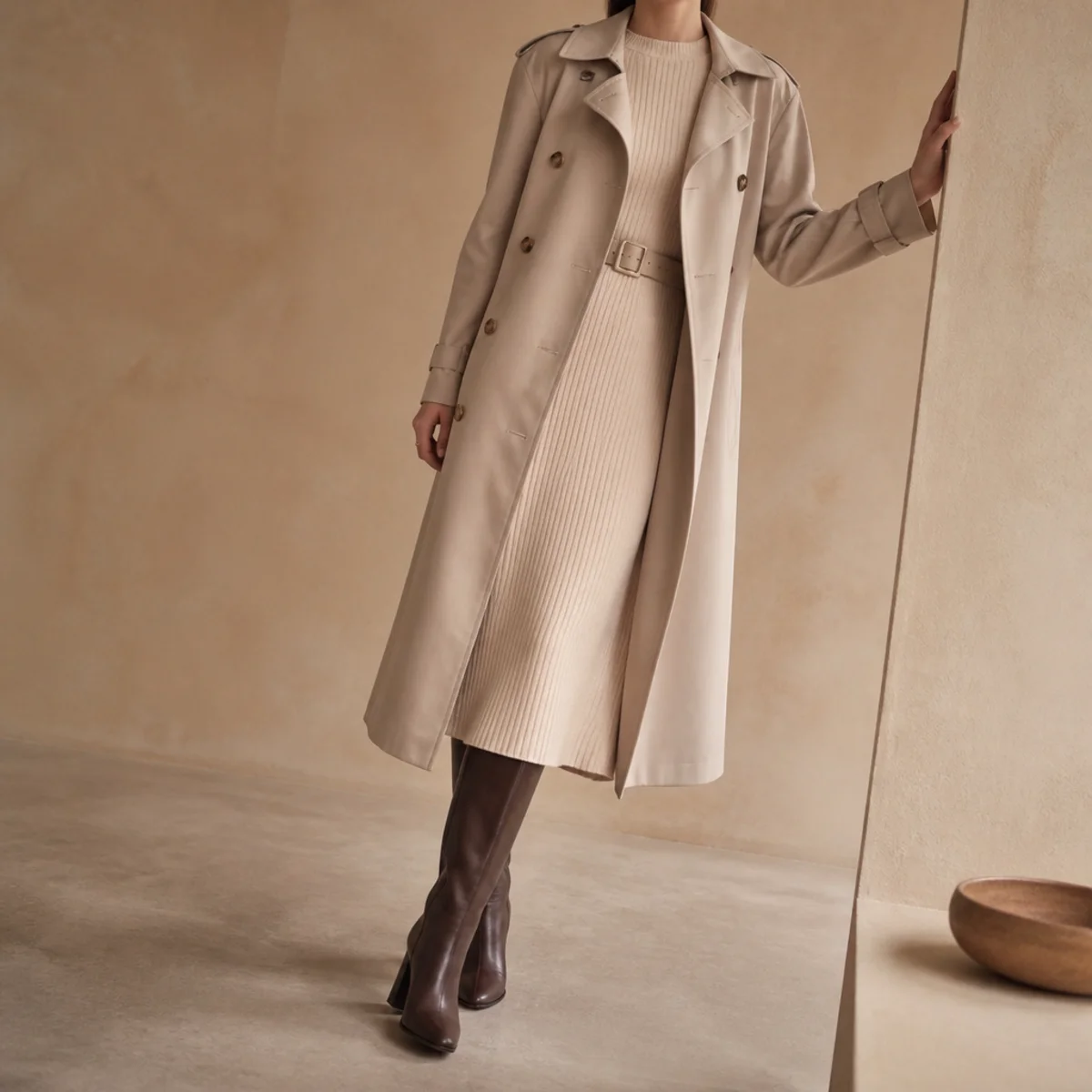 Faceless full-length shot of a trench coat over a midi dress with tall boots
