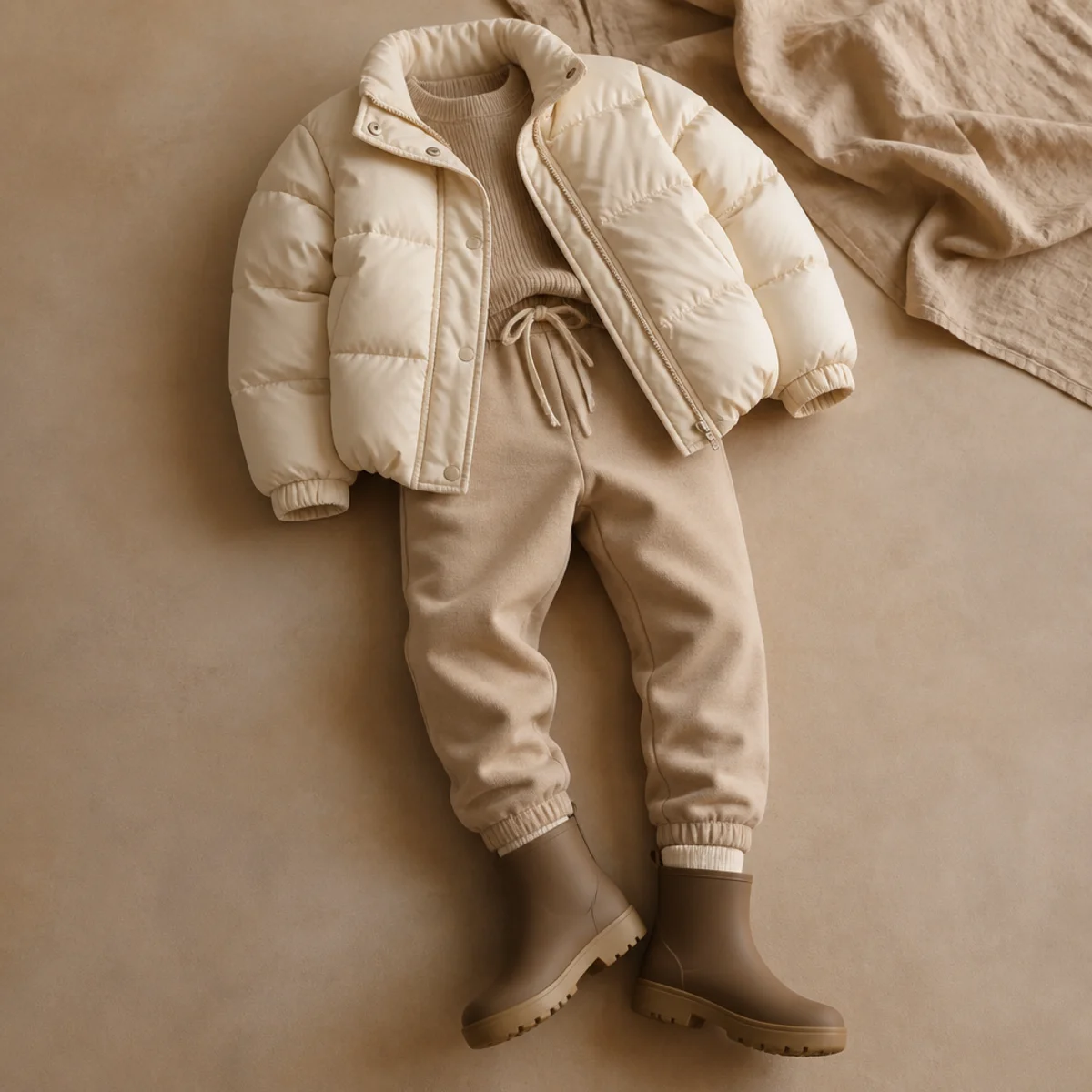 Faceless full-length shot of a puffer jacket over joggers with rain boots