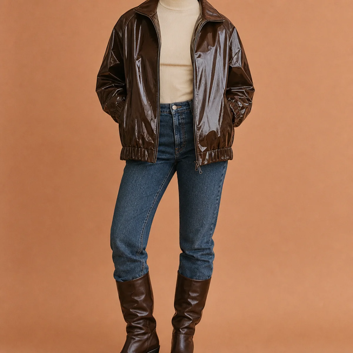 Faceless waist-up shot of a glossy water-resistant jacket over a top with jeans and boots