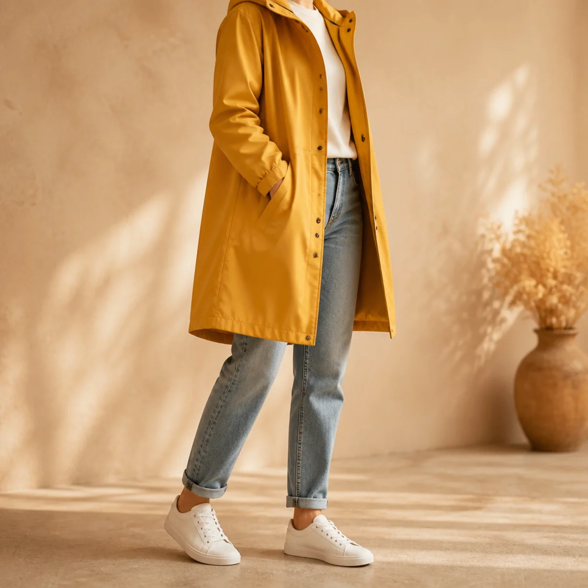 Faceless full-length shot of a bright yellow raincoat over jeans with white sneakers