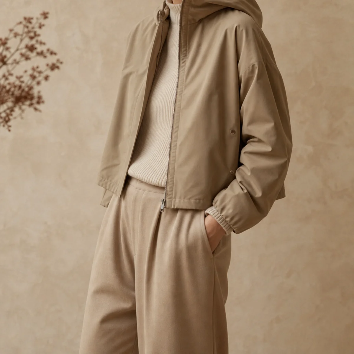 Faceless full-length shot of a cropped rain jacket with wide-leg trousers and loafers