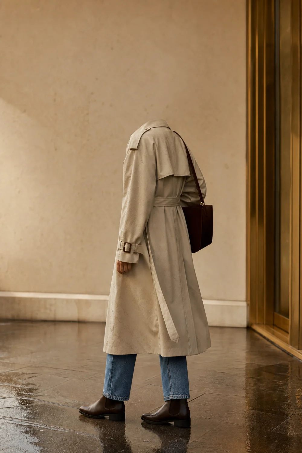 Faceless cute rainy day outfit with a trench coat, jeans and boots