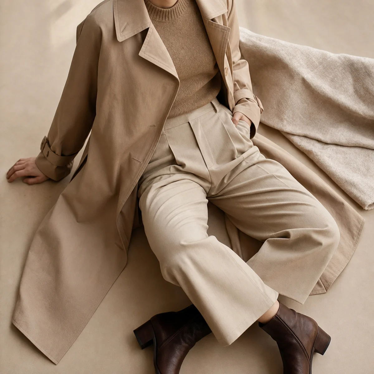 Faceless full-length shot of a trench over tailored trousers and a knit with ankle boots