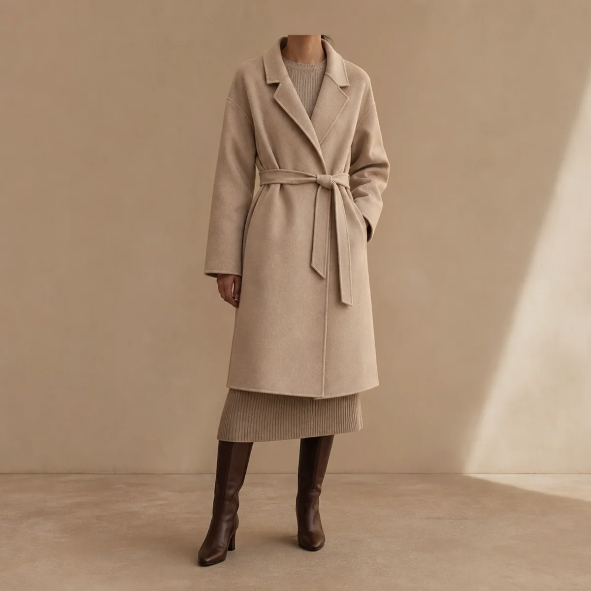 Faceless full-length shot of a belted coat over a midi skirt with tall boots for work