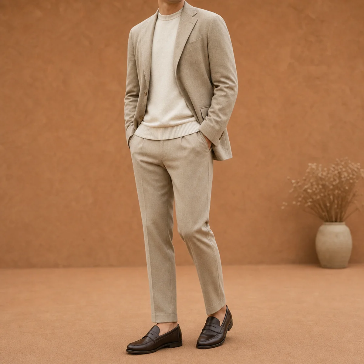 Faceless waist-up shot of a blazer over a knit with tailored trousers and water-resistant loafers